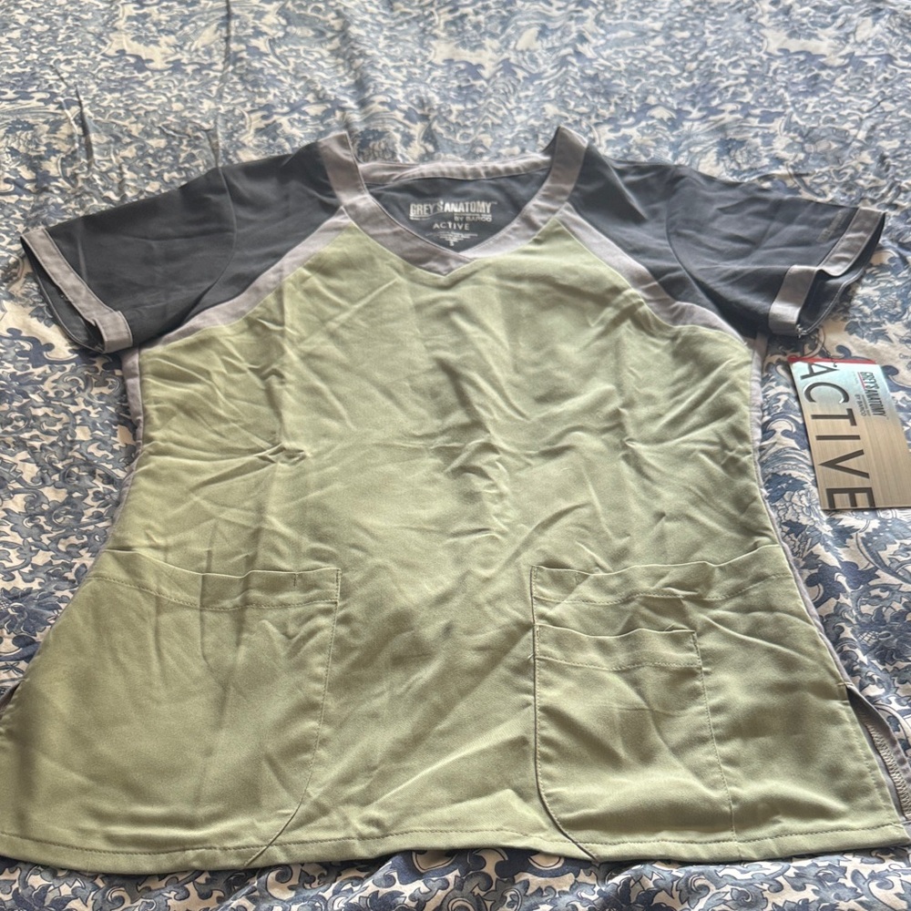 Grey's Anatomy Olive V-Neck Scrub Top with Charcoal Accents